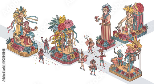 Isometric illustration of a vibrant carnival parade with colorful floats, costumes, and flowers on a white background, featuring people and characters in celebration.