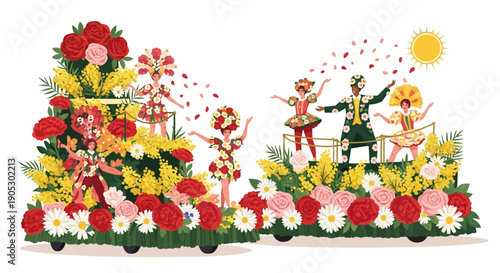 Isometric illustration of a vibrant carnival parade with colorful floats, costumes, and flowers, featuring people celebrating on a sunny day.