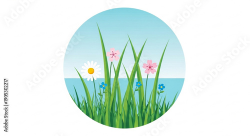 Colorful illustration of green grass and vibrant flowers against a serene blue sky and sea background