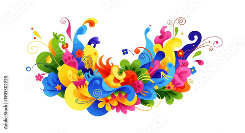 Vibrant isometric illustration of a colorful carnival parade float with flowers, costumes, and decorative elements on a white background.