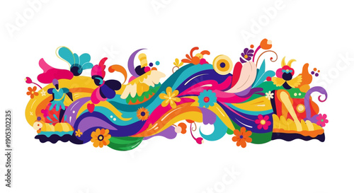 Vibrant isometric illustration of a colorful carnival parade float with custom costumes, flowers, and decorative elements in a lively celebration scene.