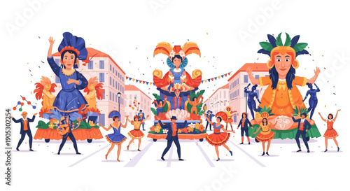 Isometric illustration of a vibrant carnival parade with people dancing around colorful floats adorned with flowers and costumes in a lively celebration.
