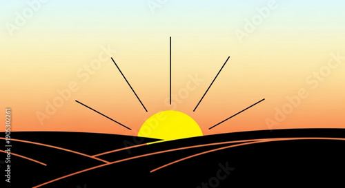 Sunrise over rolling hills with vibrant orange and yellow hues in the sky