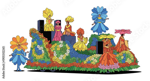 Isometric illustration of a colorful carnival float with people, flowers, and decorations, featuring a custom design for a celebration or parade with a joyful and festive mood.