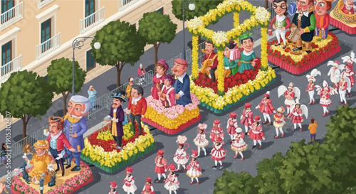 Isometric illustration of a vibrant carnival parade with colorful floats, costumes, and flowers, featuring people of various professions and characters, set against a city street background