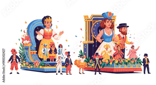 Isometric illustration of a vibrant carnival parade with colorful floats, people in costumes, and decorative flowers on a white background.