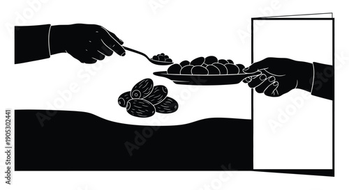 Hands serving coffee beans on a spoon in a minimalist black and white illustration with copy space