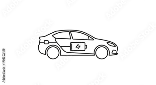 Simple line illustration of an electric car viewed from the side, showcasing its sleek design and eco-friendly features.