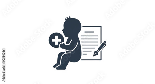 A baby sitting with a medical cross symbol and document illustration representing health care and documentation
