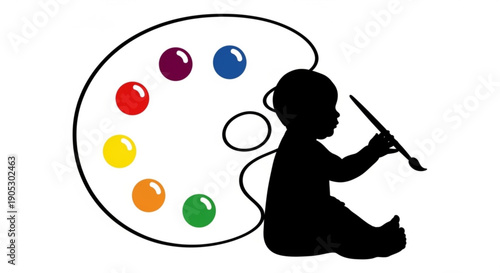 A child sitting cross-legged creating art with a paintbrush and colorful paints on a palette