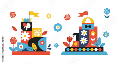 Isometric illustration of colorful carnival floats with flowers and decorations on a white background, featuring a train and car with joyful designs.