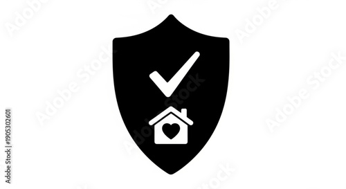 A black shield icon with a white checkmark and house symbolizing security and approval displayed prominently on a simple background