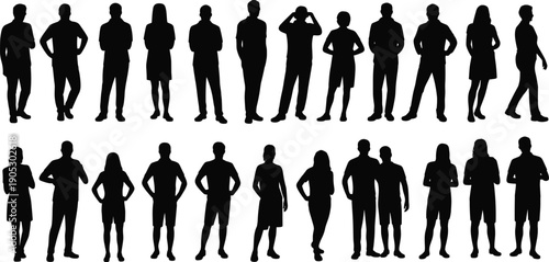 People silhouettes standing, men and women poses collection, human figures set, business casual crowd, isolated black shapes illustration