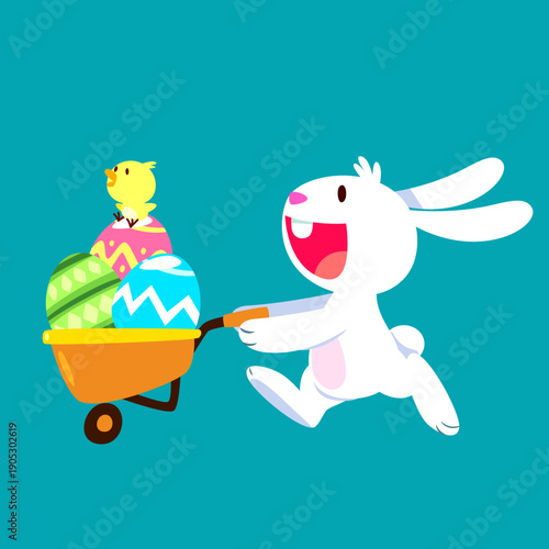 Cute Easter Bunny Pushing Cart of Easter Eggs Illustration