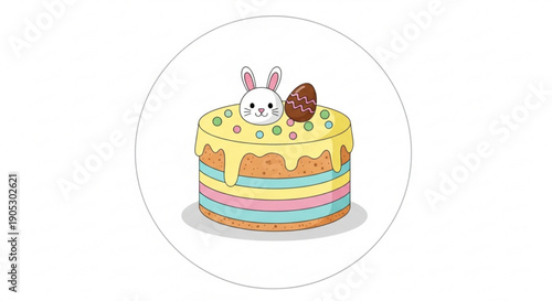 Colorful layered cake with easter bunny and chocolate egg on top pastel colors cartoon style round shape decorative dessert sweet treat celebration festive holiday spring theme