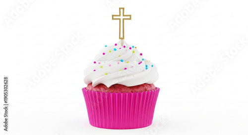 Pink frosted cupcake with white cream colorful sprinkles and golden cross on top isolated on white background celebration treat
