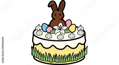 Easter bunny sitting on top of decorated cake with eggs and flowers on white background