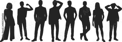 People silhouettes standing casual poses, men women body language gestures, confident human figures isolated on white background illustration