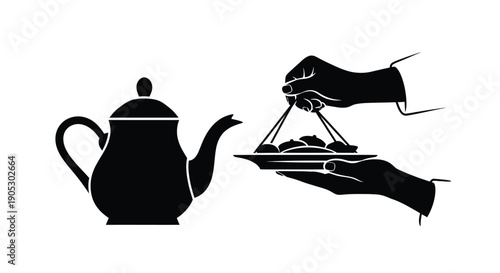 Hands holding tea strainer with tea leaves and teapot silhouette