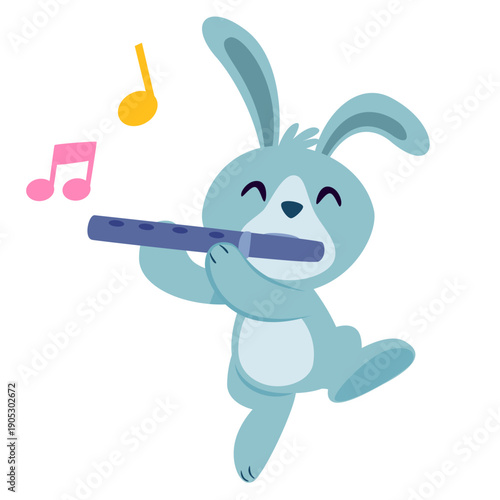 Cute Easter Bunny Playing Flute Music Illustration