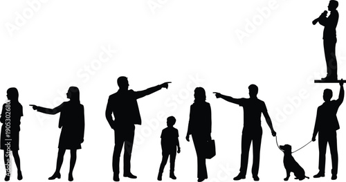 People pointing silhouettes concept, men women indicating direction leadership choice hierarchy figures isolated on white background illustration
