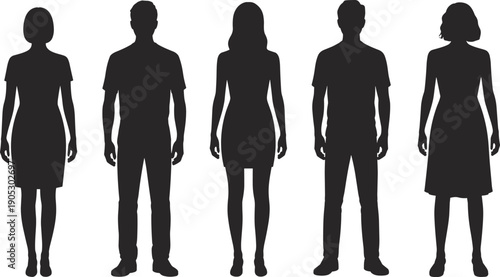 Men and women silhouettes standing front view, male female human figures isolated on white background illustration set