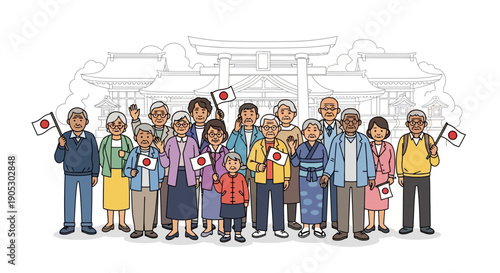 Illustration of diverse people holding Japanese flags in front of Kashihara Shrine on National Foundation Day, conveying a patriotic theme with red and white colors.