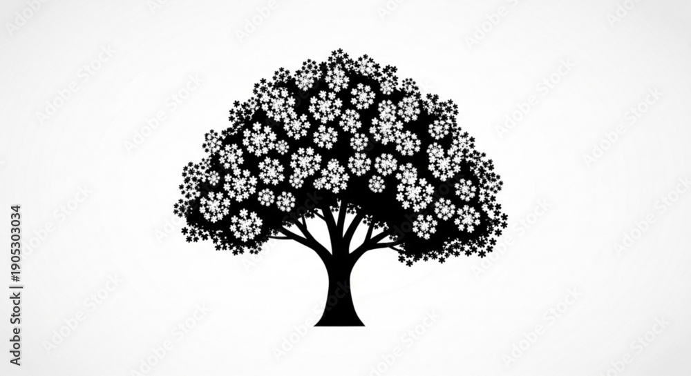 Fototapeta premium Black Silhouette Tree with White Flowers Isolated on White Background