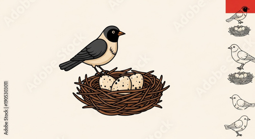 Black and White Bird Standing in Nest with Eggs, Isolated on White Background, Vector Illustration