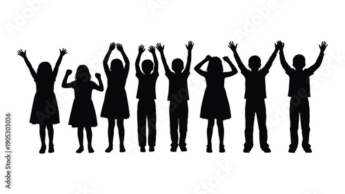 Group of diverse silhouetted people celebrating with raised arms Vector