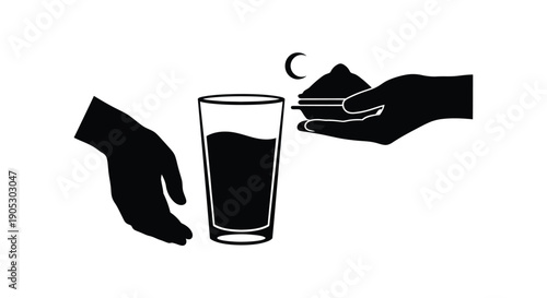 Hands holding glass of water with crescent moon during Ramadan fasting