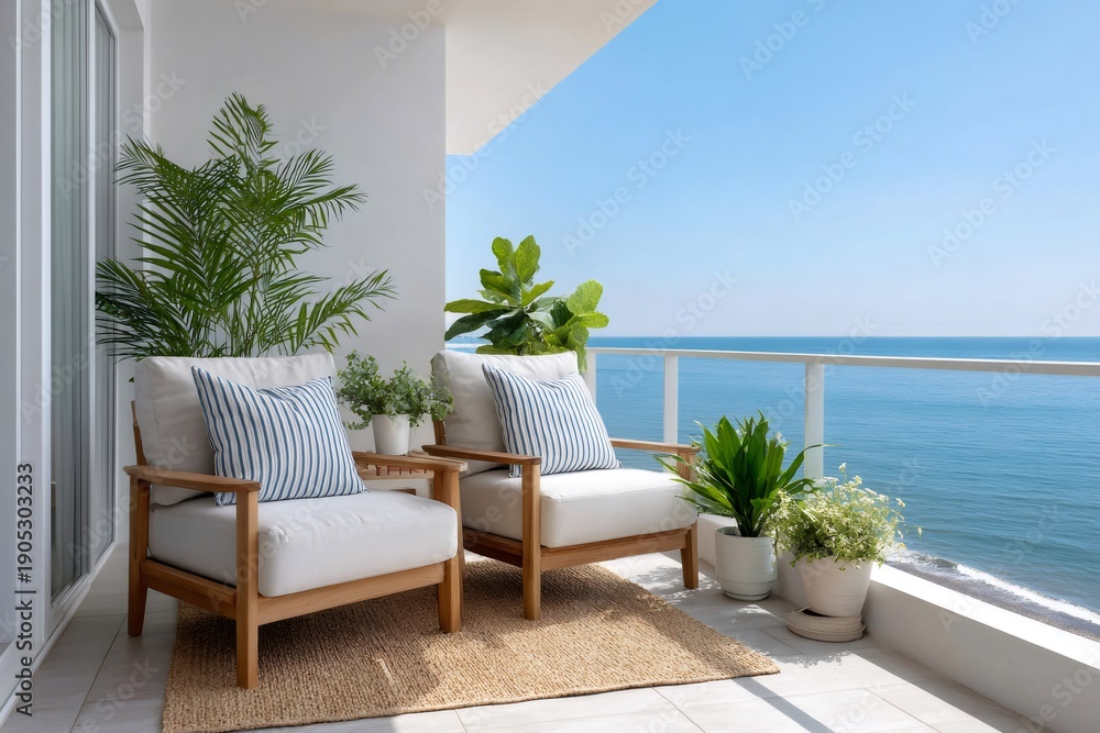 Naklejka premium Balcony with ocean view, comfortable outdoor living chairs