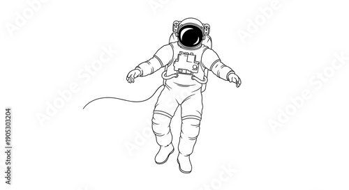 Astronaut Floating in Space with Tether Line.