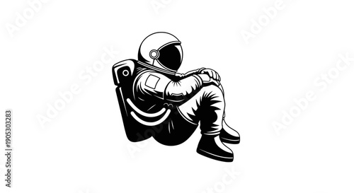 Astronaut sitting in a contemplative pose wearing a spacesuit.