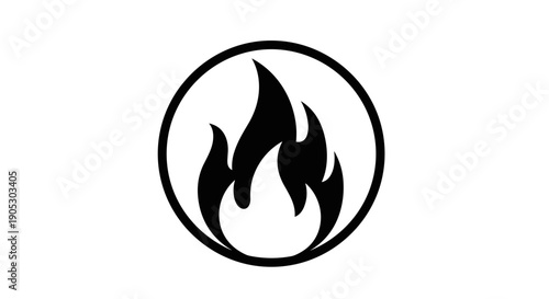 Black and white fire symbol inside a circle.