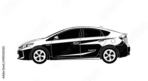 Black and White Illustration of a Modern Hybrid Car.