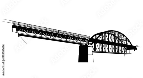 Black and White Illustration of a Large Steel Truss Bridge.