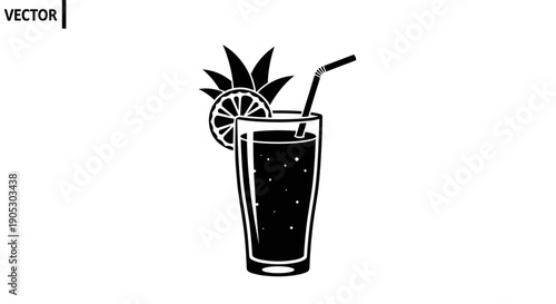 Black and white illustration of a refreshing beverage in a tall glass.