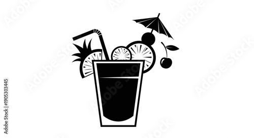 Black and white illustration of a refreshing tropical cocktail.