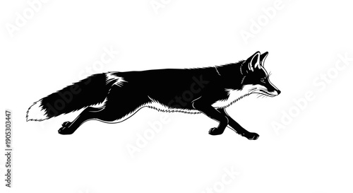 Black and white illustration of a running fox in motion.