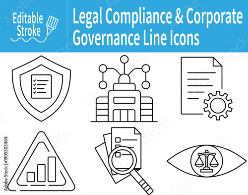 Corporate Legal Compliance and Governance Line Icon Sheet with Regulatory Control, Policy Management, Risk Analysis, Audit Review, and Ethics Monitoring