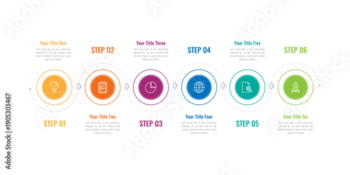 Steps business data visualization timeline infographic template design with icons. Six phase process infographic.