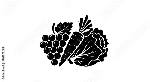 Black and white illustration of fresh grapes carrot and cabbage.