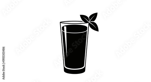 Black and white illustration of a tall glass with dark liquid and basil garnish.