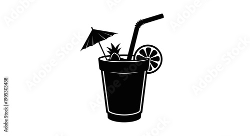 Black and white illustration of a tropical cocktail drink.