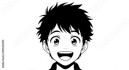 Black and White Manga Style Portrait of a Happy Young Boy.