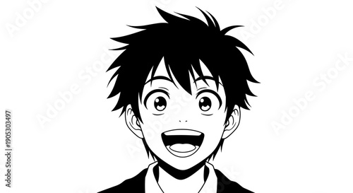 Black and White Manga Style Portrait of a Happy Young Man.