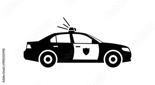 Black and white police car icon with siren light.