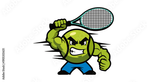 Funny and aggressive tennis ball mascot character holding a tennis racket, illustrated as a strong muscular cartoon athlete. Perfect for sports logos, team mascots, stickers, t-shirts, gaming graphics