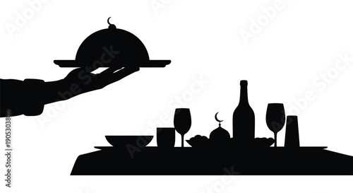 Waiter serving fine dining meal with wine and dishes in a luxurious silhouette